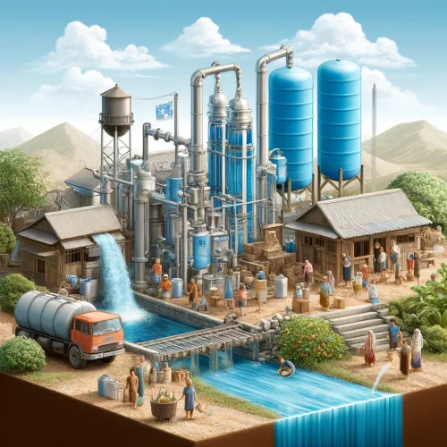 DALL·E 2024-06-07 17.17.53 - A high-quality, square image representing clean water projects. The image should depict a water purification system in a rural community, with clean w