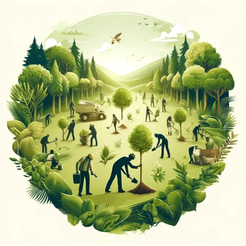 DALL·E 2024-06-07 17.18.08 - A high-quality, square image representing reforestation programs. The image should depict people planting trees in a lush, green environment. Elements