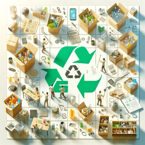 DALL·E 2024-06-07 17.19.41 - A high-quality, square image representing waste reduction. The image should depict people actively sorting recyclables and reusing materials in a clea