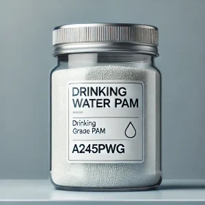 DALL·E 2024-06-19 17.54.55 - A product image for Drinking water grade PAM labeled A245PWG. Show a clear container with a clean, modern design, filled with a white granular substan