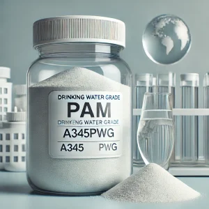 DALL·E 2024-06-19 17.56.10 - A product image for Drinking water grade PAM labeled A345PWG. Show a clear container with a clean, modern design, filled with a white granular substan