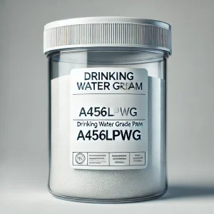 DALL·E 2024-06-19 17.56.35 - A product image for Drinking water grade PAM labeled A456LPWG. Show a clear container with a clean, modern design, filled with a white granular substa