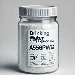 DALL·E 2024-06-19 17.57.17 - A product image for Drinking water grade PAM labeled A556PWG. Show a clear container with a clean, modern design, filled with a white granular substan